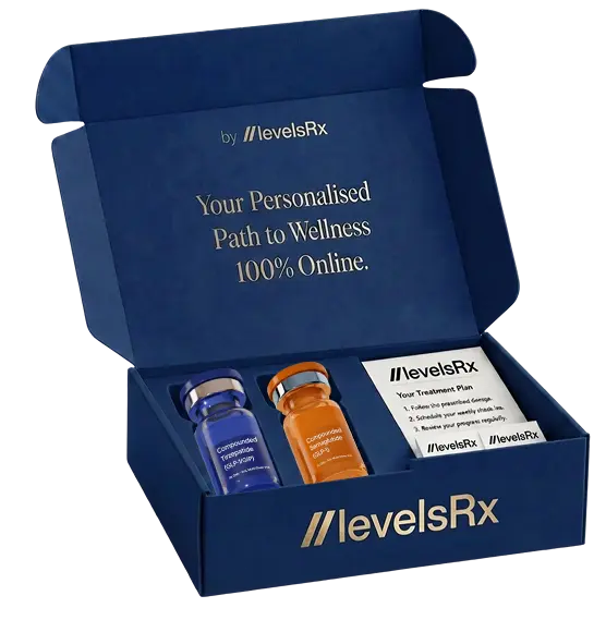LevelsRx treatment kit with GLP-1 medication vials, syringes, and alcohol prep pads